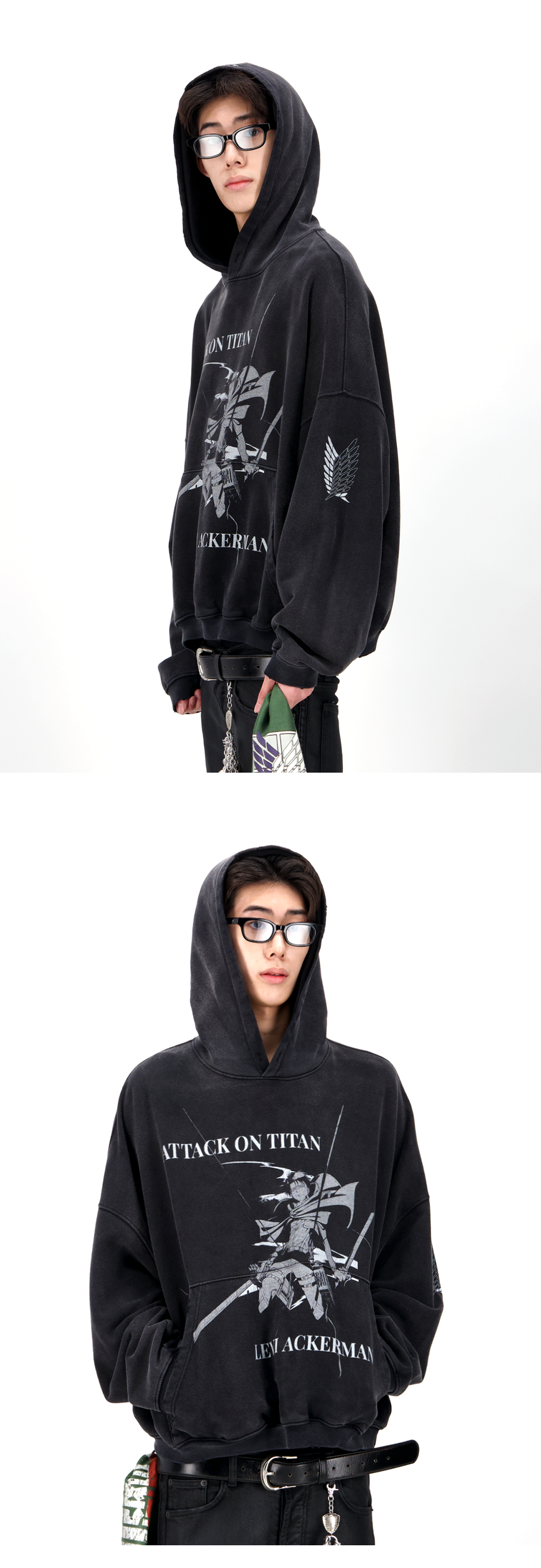LEVI ACKERMAN VINTAGE WASHED HOODIE - FADED BLACK
