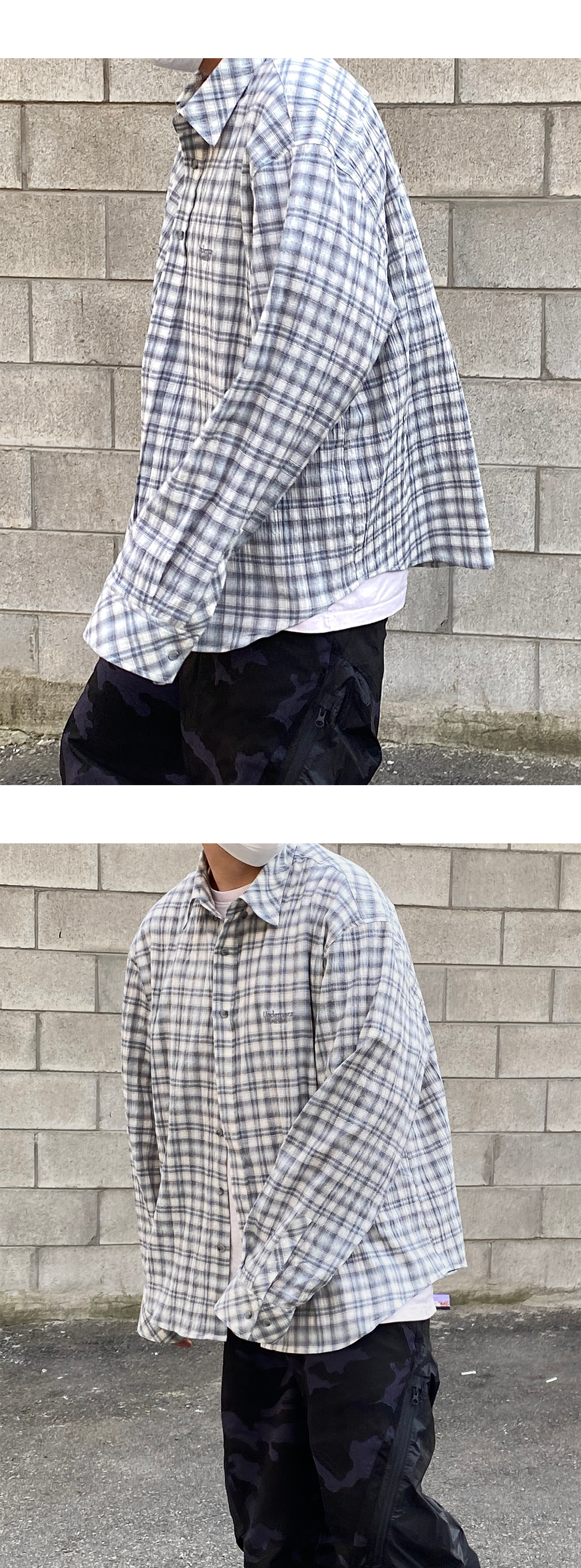 MU.37 Anti Fxxking Logo Play Basic Long Sleeve Check Shirts White Blue