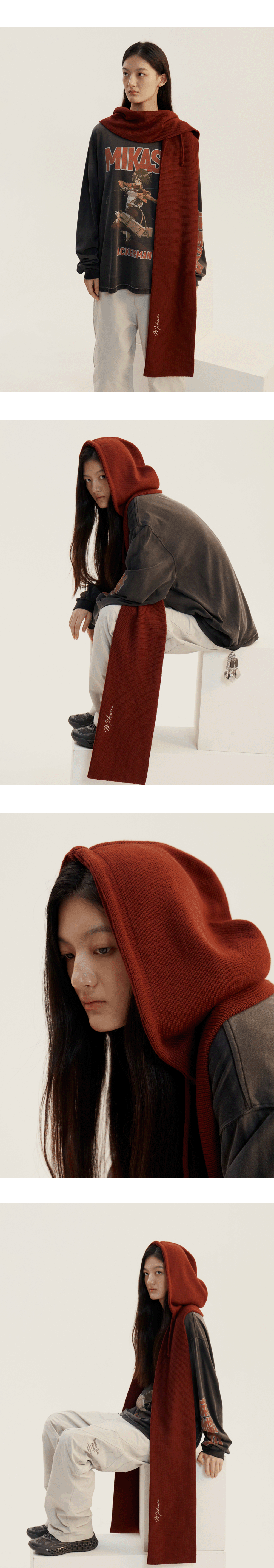 MIKASA ACKERMAN RED VOW KNIT HOODED MUFFLER - OXBLOOD