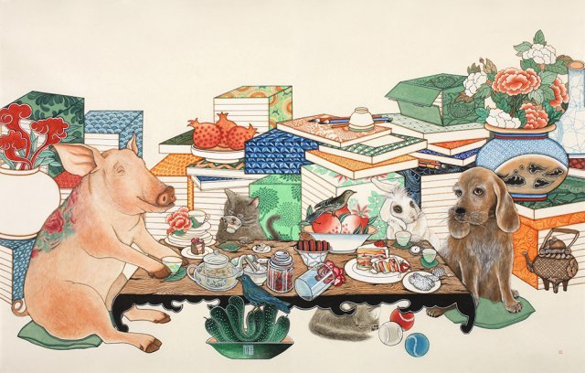 동양철학에 대한 일반인의 관심에 맞추어 12동물 띠를 예술로 표현한 전시회(십이지展; 열두 동물로 살펴보는 한국의 문화코드)  작품.  곽수연 작(도란도란), 무우수갤러리  제공.