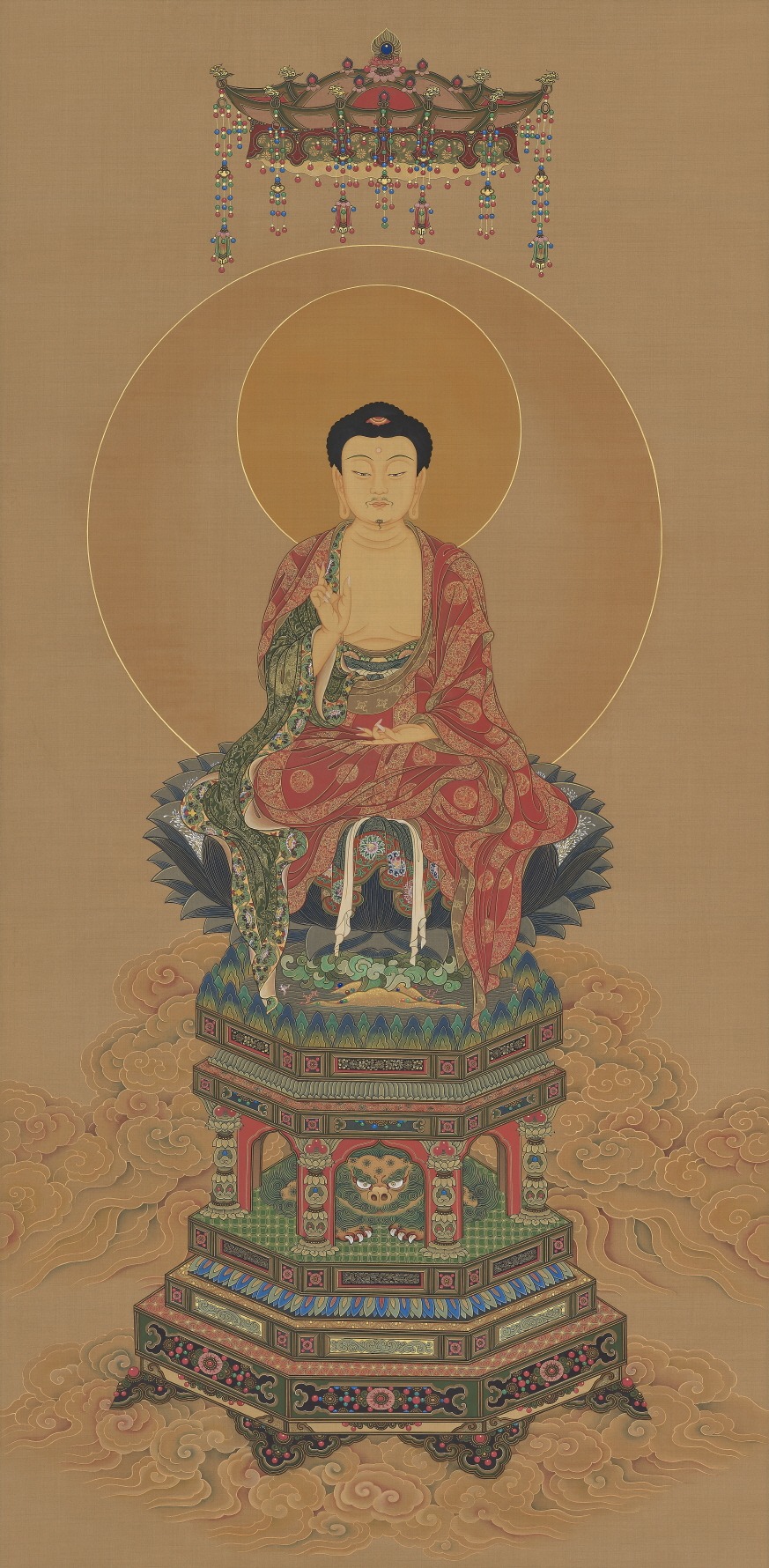 ▲ 현승조_여래삼존도如來三尊圖 (여래).85X175cm.비단바탕에 석채,금,동.2023 ⓒ 현승조