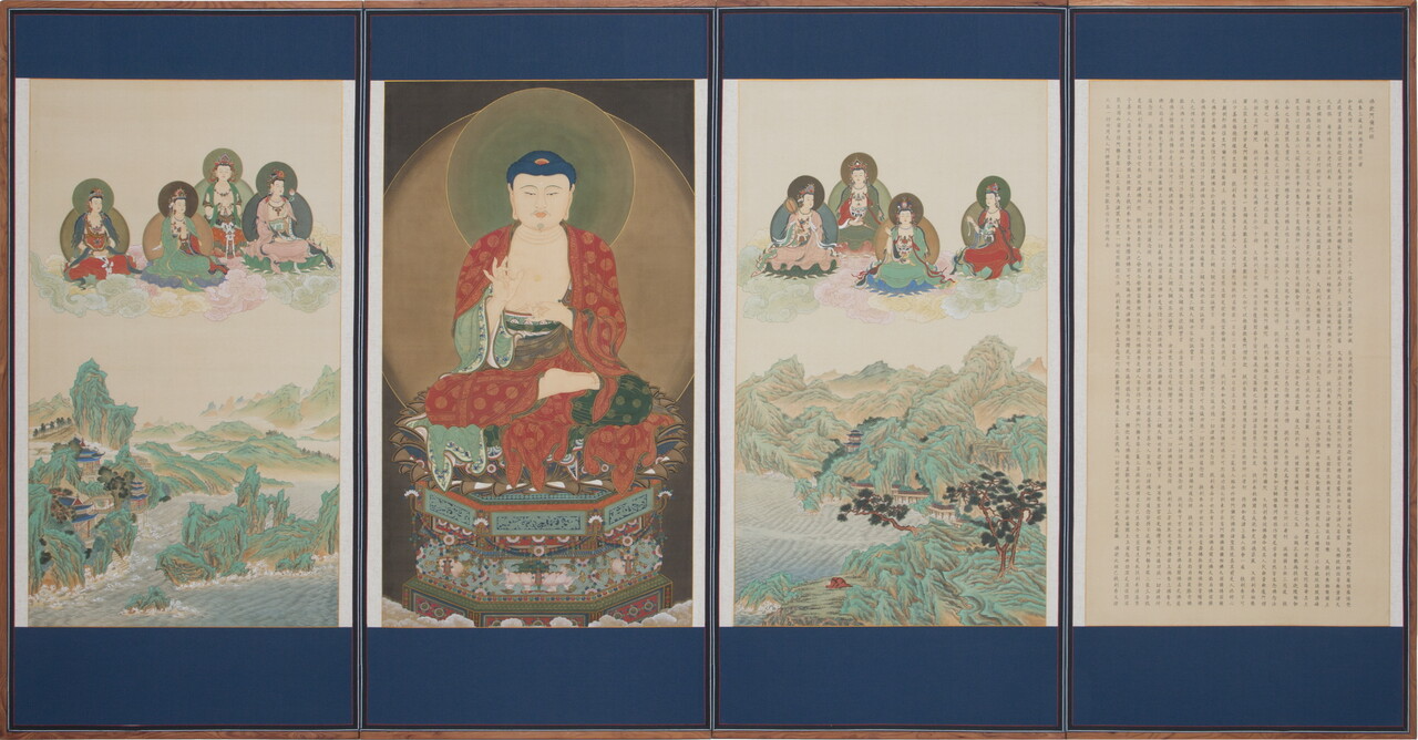 ▲ 유현정_아미타경도해(阿彌陀經圖解)4폭병풍.400x145cm.비단바탕에 석채,금.2017 ⓒ 유현정