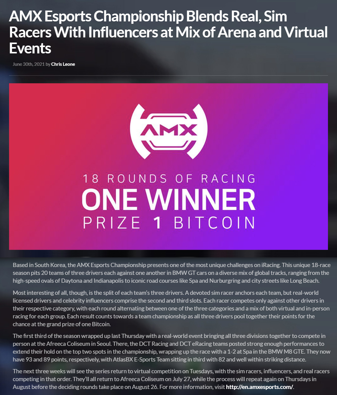 코오롱 AMX e스포츠 챔피언십] 아이레이싱 공식 홈페이지 內 소개 : AMX ESPORTS CHAMPIONSHIP