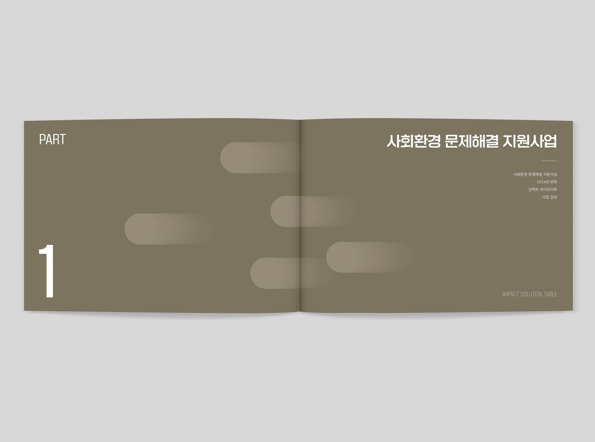 경기도사회적경제원    2024 | 임팩트솔루션테이블 보고서    사회환경 문제해결 지원사업   기획, 원고 편집, 각 기관 인터뷰 취합,   디자인