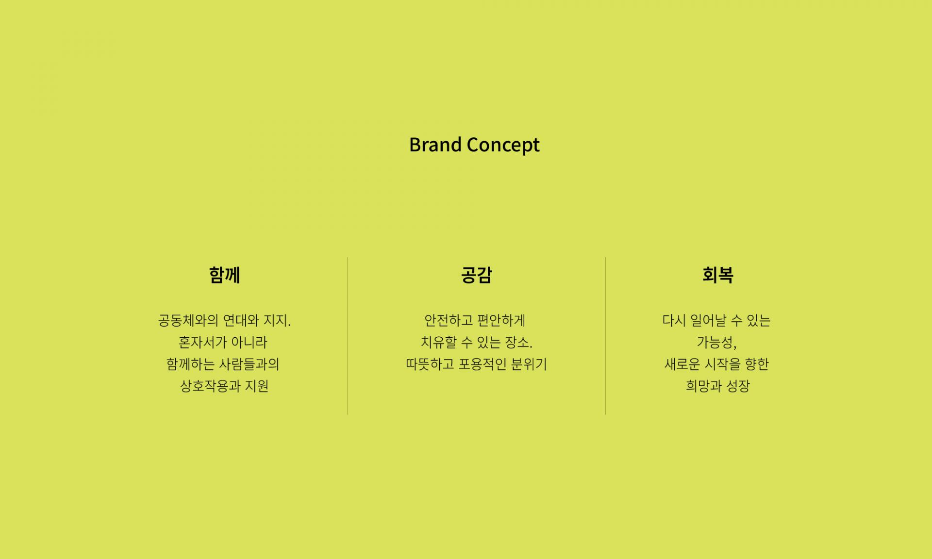 함께   공간   회복    공동체와의 연대와 지지.혼자서가 아니라 함께하는 사람들과의 상호작용과 지원  안전하고 편안하게 치유할 수 있는 장소., 따뜻하고 포용적인 분위기.   다시 일어날 수 있는 가능성, 새로운 시작을 향한 희망과 성장