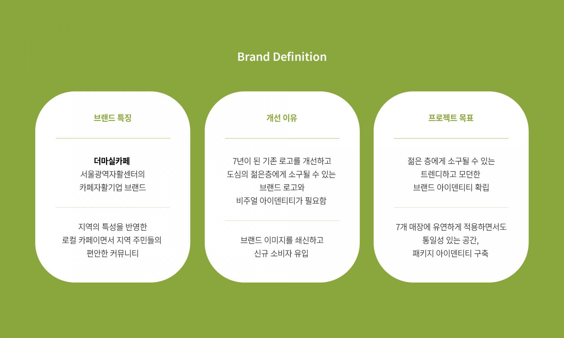 브랜드 특징     개선 이유  프로젝트 목표    더마실카페  서울광역자활센터의 카페자활기업 브랜드 지역의 특성을 반영한 로컬 카페이면서 지역 주민들의 편안한 커뮤니티가 되고자 함      7년이 된 기존 로고를개선하고 도심의 젊은층에게 소구될 수 있는 브랜드 로고와 비주얼 아이덴티티를 만들고자 함. 브랜드 이미지를 쇄신하고 신규 소비자를 유입하고자 함.      젊은 층에게 소구될 수 있는 트렌디하고 모던한 브랜드 아이덴티티 확립.  7개 매장에 유연하게 적용하면서도 통일성 있는 공간, 패키지 아이덴티티 구축