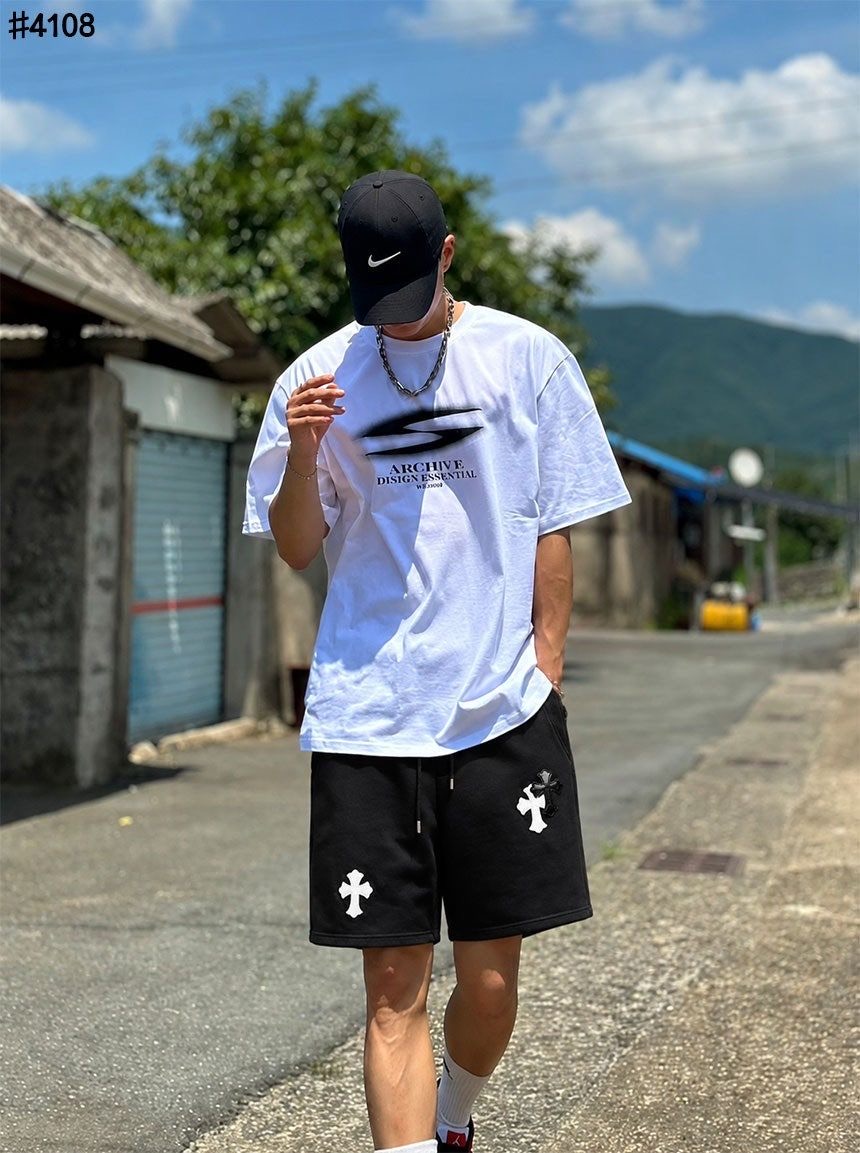 크롬하츠 레더 크로스 패치 블랙 코튼 쇼트 팬츠
