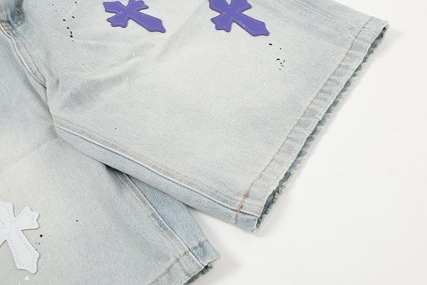 크롬하츠 멀티 레더 패치 연청 데님 하프 팬츠