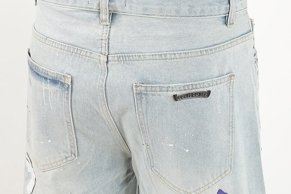 크롬하츠 멀티 레더 패치 연청 데님 하프 팬츠