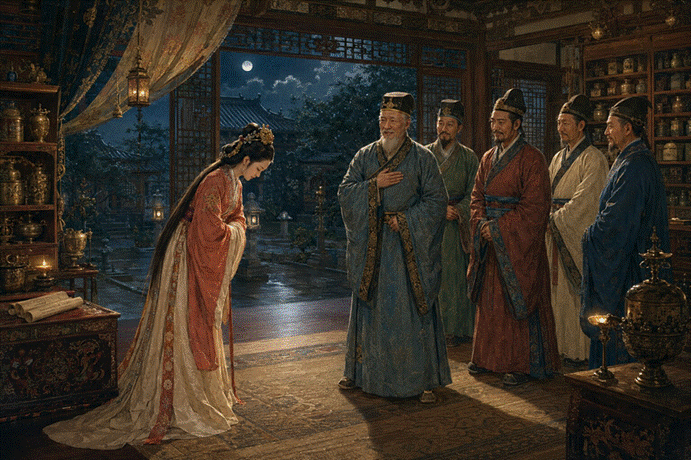 제목: 다섯 향관에게 사과하는 공주 - 설명: 다섯 향관에게 사과하는 공주