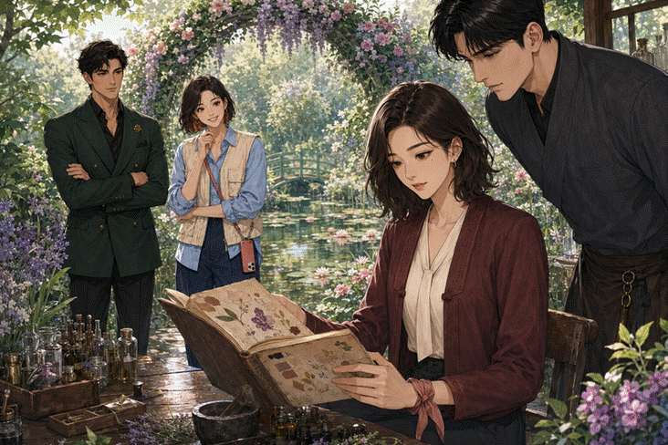제목: 꽃이 가득한 지베르니 정원에서 노트와 표본을 조사하는 네 사람 - 설명: 꽃이 가득한 지베르니 정원에서 노트와 표본을 조사하는 네 사람