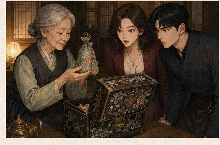 제목: 백령이 오래된 자개함을 열어 프라랑과 도경에게 향낭을 보여 주는 장면 - 설명: 백령이 오래된 자개함을 열어 프라랑과 도경에게 향낭을 보여 주는 장면