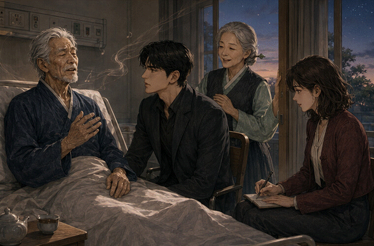 제목: 새벽 병실에서 오래된 향 노래를 부르는 일만과 이를 잇는 백령, 기록하는 프라랑 - 설명: 새벽 병실에서 오래된 향 노래를 부르는 일만과 이를 잇는 백령, 기록하는 프라랑