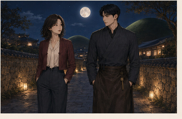 제목: 보름달 아래 대릉원 돌담길을 나란히 걷는 프라랑과 도경 - 설명: 보름달 아래 대릉원 돌담길을 나란히 걷는 프라랑과 도경