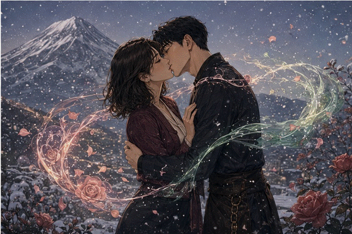 제목: 눈 내린 산을 배경으로 서로를 안은 프라랑과 서도경, 코럴과 플럼 향의 빛 - 설명: 눈 내린 산을 배경으로 서로를 안은 프라랑과 서도경, 코럴과 플럼 향의 빛