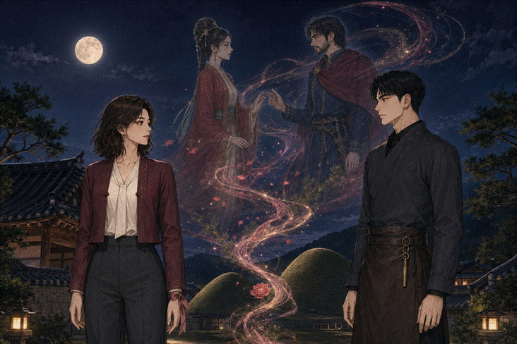 제목: 현대의 프라랑과 도경, 천 년 전 인물과 향의 기억이 달빛 아래 겹치는 대표 삽화 - 설명: 현대의 프라랑과 도경, 천 년 전 인물과 향의 기억이 달빛 아래 겹치는 대표 삽화