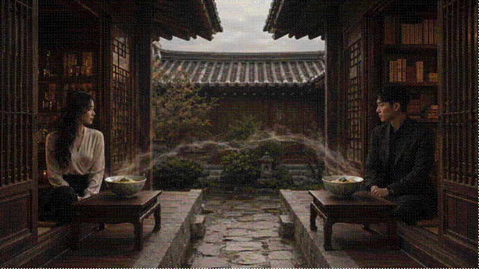제목: 두 집을 잇는 같은 국수 두 그릇 - 설명: 두 집을 잇는 같은 국수 두 그릇