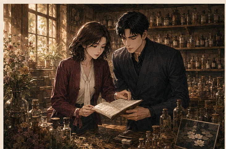 제목: 지베르니의 오래된 조향 아틀리에에서 어머니의 노트를 발견한 프라랑과 도경 - 설명: 지베르니의 오래된 조향 아틀리에에서 어머니의 노트를 발견한 프라랑과 도경