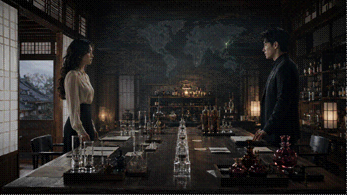 제목: 수치표를 사이에 둔 차가운 회의 - 설명: 수치표를 사이에 둔 차가운 회의