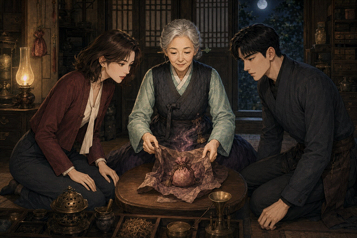 제목: 백령과 프라랑, 도경이 문향재에서 천년향의 마지막 배합을 완성하는 장면 - 설명: 백령과 프라랑, 도경이 문향재에서 천년향의 마지막 배합을 완성하는 장면