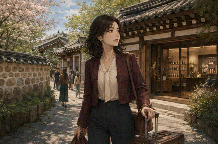 제목: 봄날 황리단길 한옥 향수 아틀리에 앞에 도착한 프라랑 - 설명: 봄날 황리단길 한옥 향수 아틀리에 앞에 도착한 프라랑
