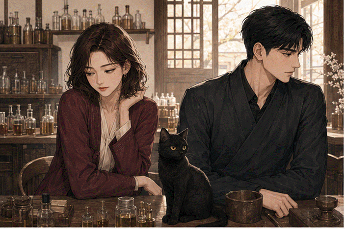 제목: 경주 향 공방에서 서로를 바라보지 못하는 프라랑과 서도경, 검은 고양이 침향이 - 설명: 경주 향 공방에서 서로를 바라보지 못하는 프라랑과 서도경, 검은 고양이 침향이