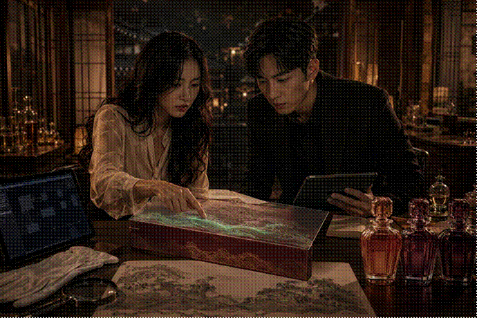 제목: 자수 파도선과 모방 포장의 일치 - 설명: 자수 파도선과 모방 포장의 일치