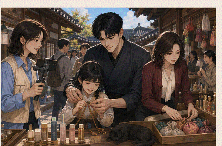 제목: 향기 전쟁 행사에서 아이의 향낭 매듭을 도와주는 도경과 촬영하는 하늘 - 설명: 향기 전쟁 행사에서 아이의 향낭 매듭을 도와주는 도경과 촬영하는 하늘