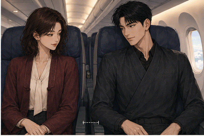 제목: 비행기 좌석에 나란히 앉은 프라랑과 서도경, 팔걸이 위 두 손 사이의 작은 거리 - 설명: 비행기 좌석에 나란히 앉은 프라랑과 서도경, 팔걸이 위 두 손 사이의 작은 거리