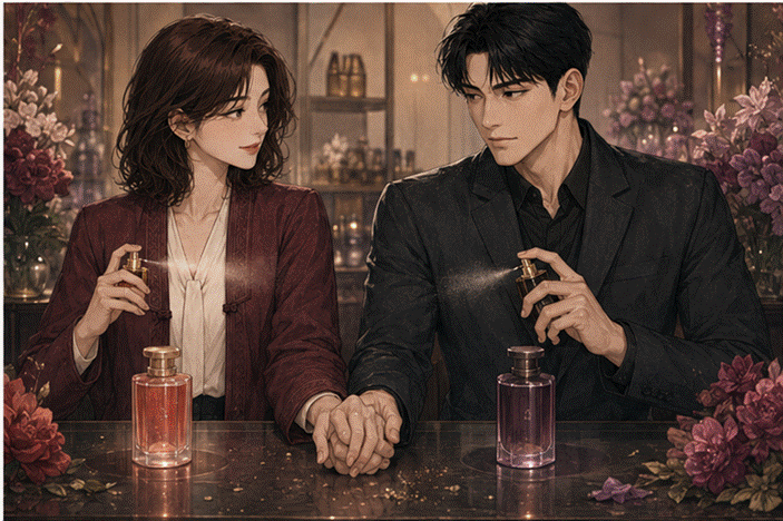 제목: LO와 VE 두 향수를 각자의 손목에 뿌리고 손을 맞잡은 프라랑과 서도경 - 설명: LO와 VE 두 향수를 각자의 손목에 뿌리고 손을 맞잡은 프라랑과 서도경