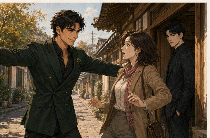 제목: 황리단길에 극적으로 등장해 프라랑을 안으려는 카밀과 이를 지켜보는 도경 - 설명: 황리단길에 극적으로 등장해 프라랑을 안으려는 카밀과 이를 지켜보는 도경