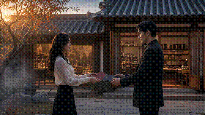 제목: 새벽 마당의 일지 교환과 화해 - 설명: 새벽 마당의 일지 교환과 화해