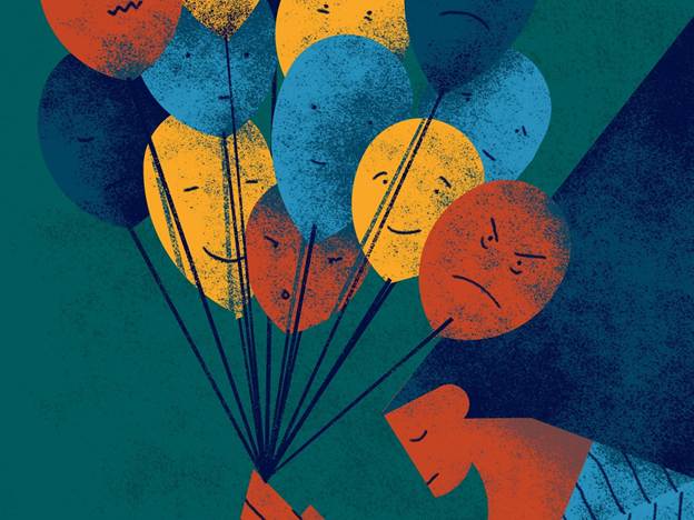Graphic of person holding balloons with sad faces