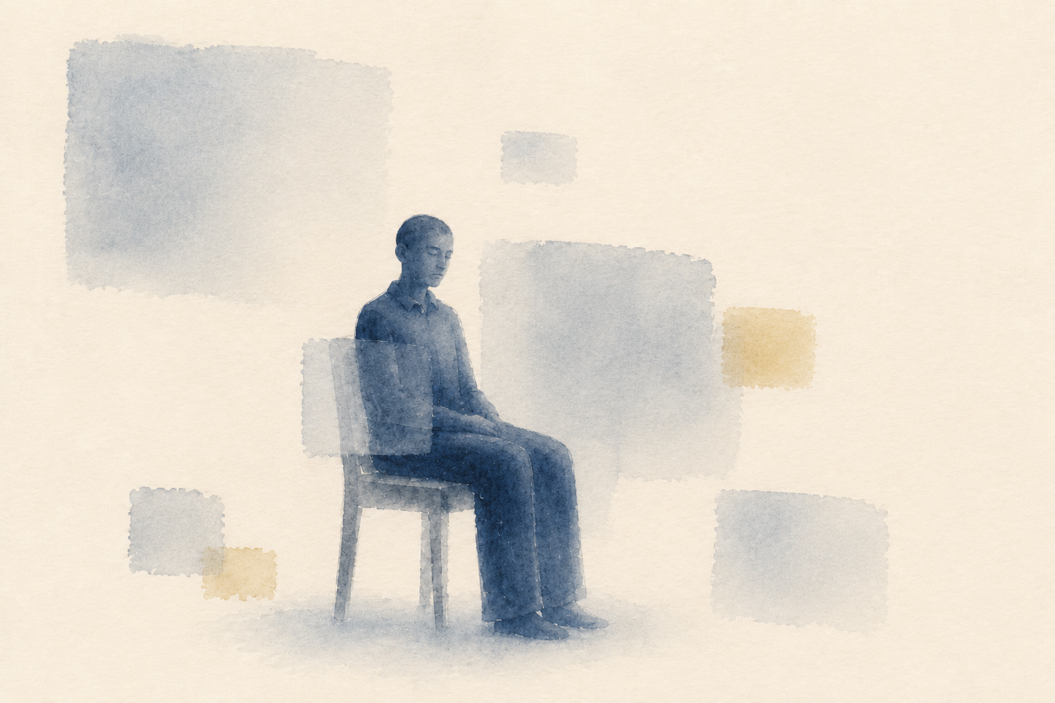 ICS 자기최면 - 의자에 앉아 눈을 감은 인물과 그를 둘러싼 옅은 사각 형태들