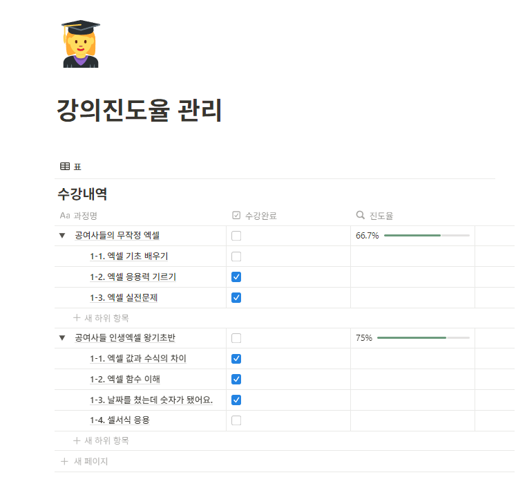 수강현황/강의진도율 관리 노션템플릿 - 수강 진도율 대시보드