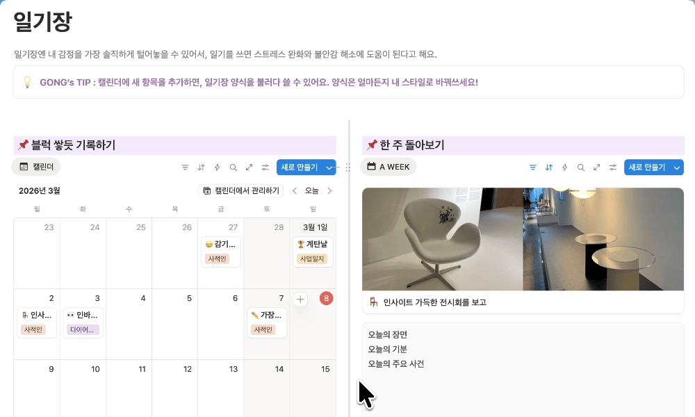 일기장 노션 템플릿 사용 화면 예시