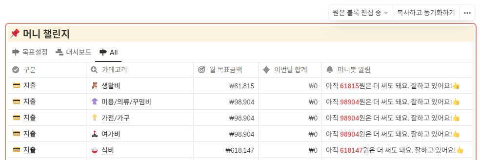 노션 동기화 블록 제대로 사용하는 방법 지출 현황 예시