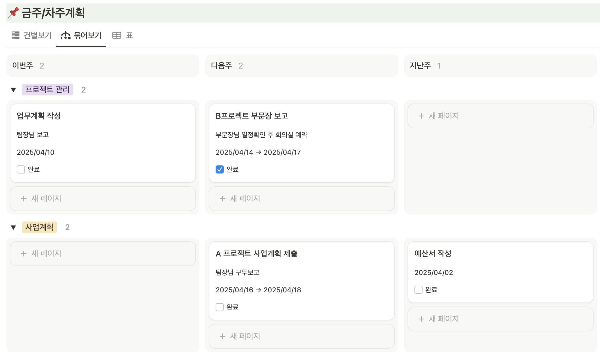 노션으로 프로젝트 관리 똑똑하게 하는 방법 (템플릿 공유) 하위 그룹화 기능 예시