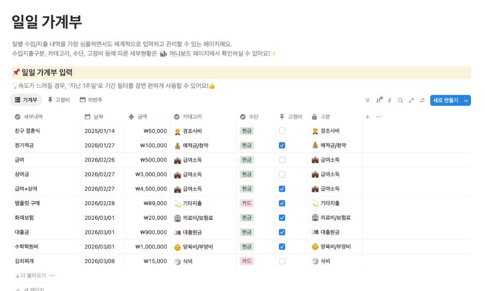 일일 가계부 노션 템플릿 사용 화면 예시