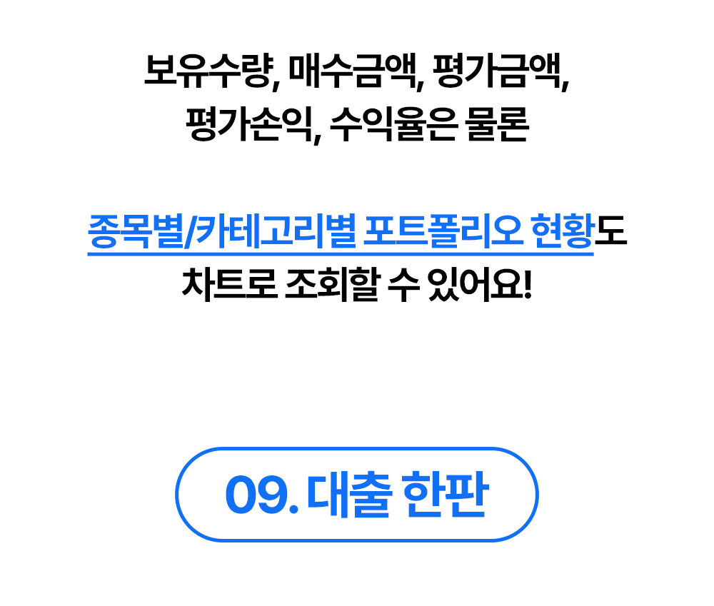 보유수량, 매수금액, 평가금액, 수익률과 포트폴리오 현황을 차트로 조회하는 대출 한판 소개