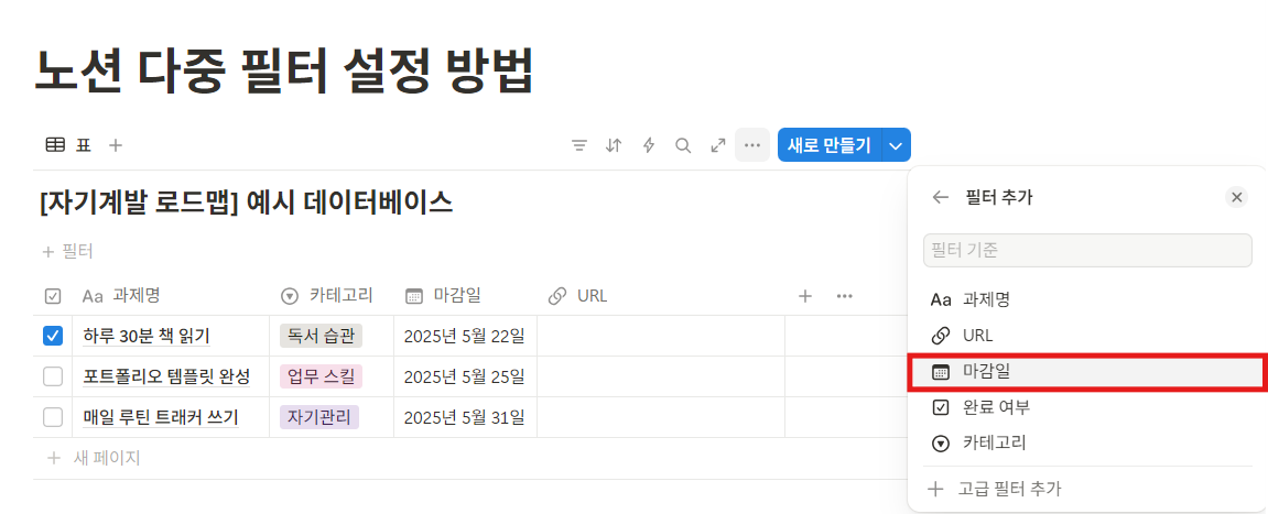노션 데이터베이스 필터 여러 개 거는 방법 (중복 필터)