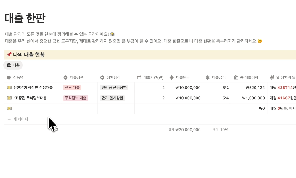 대출 한판 노션 템플릿 사용 화면 예시