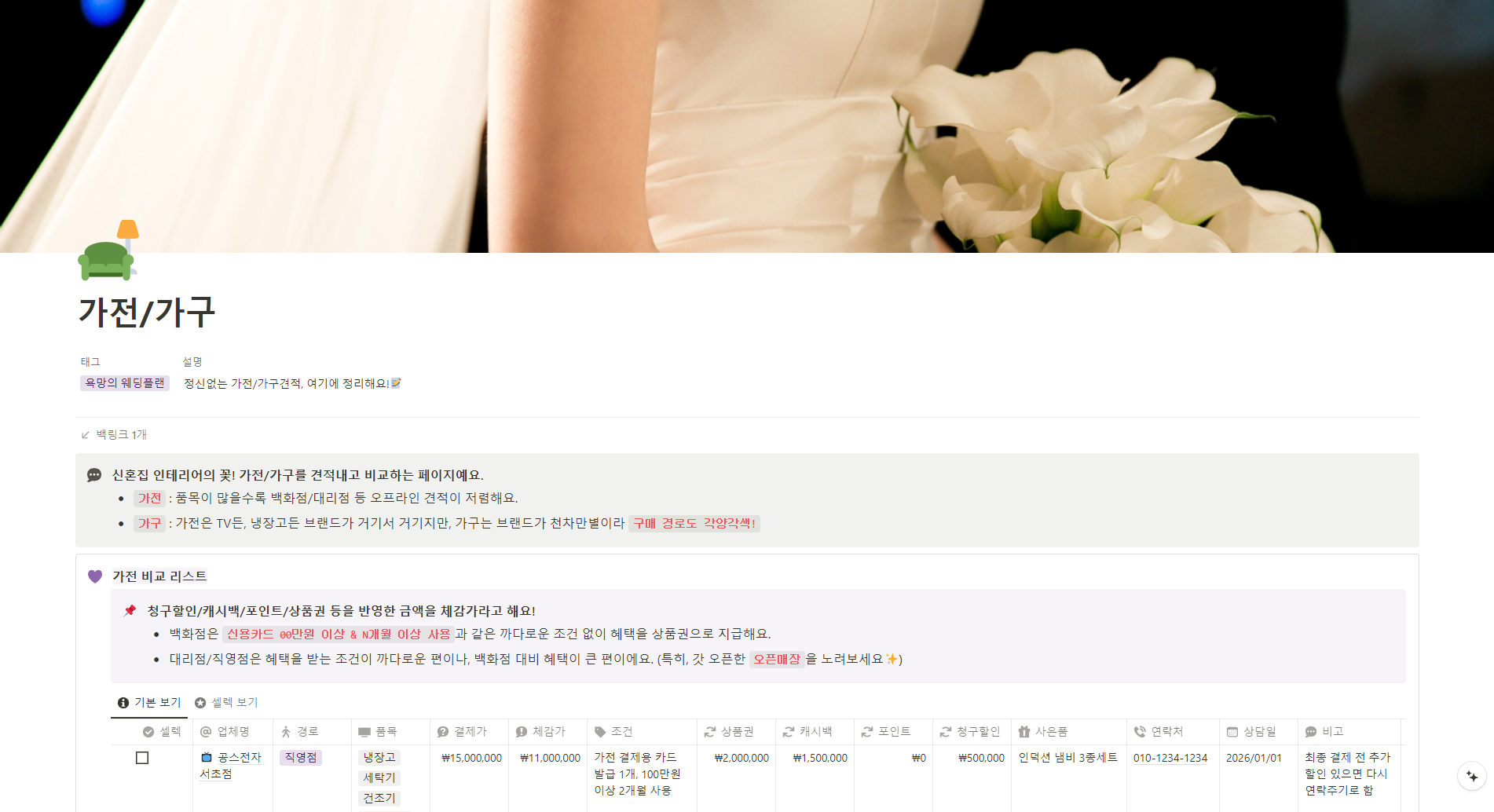 가전 카테고리별 예산 예시