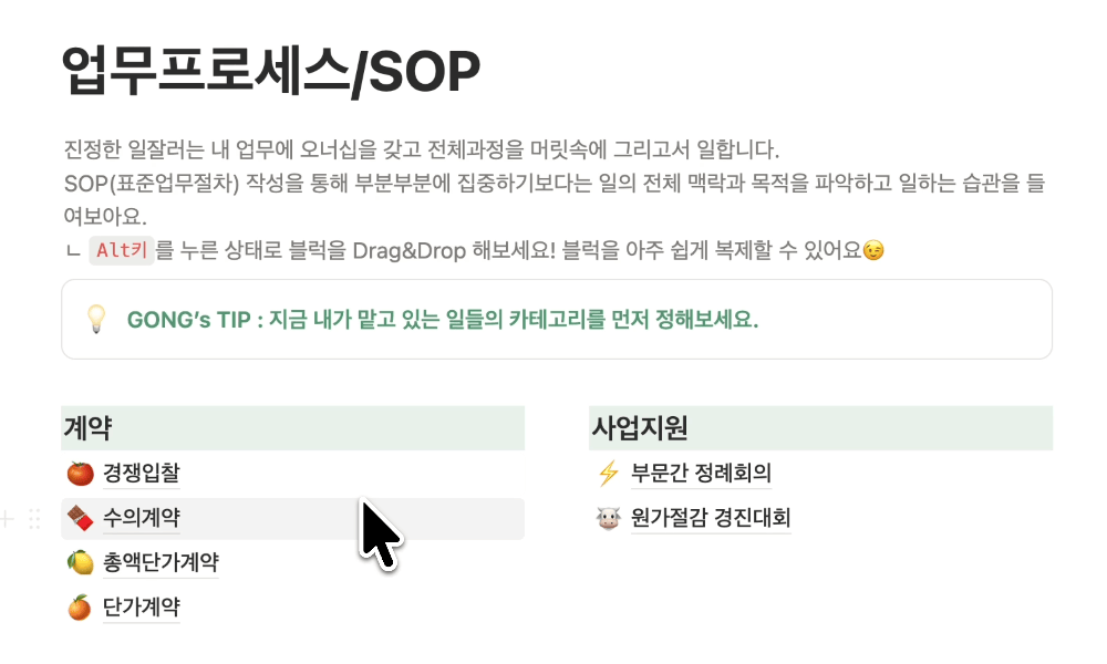 업무프로세스 SOP 노션 템플릿 사용 화면 예시