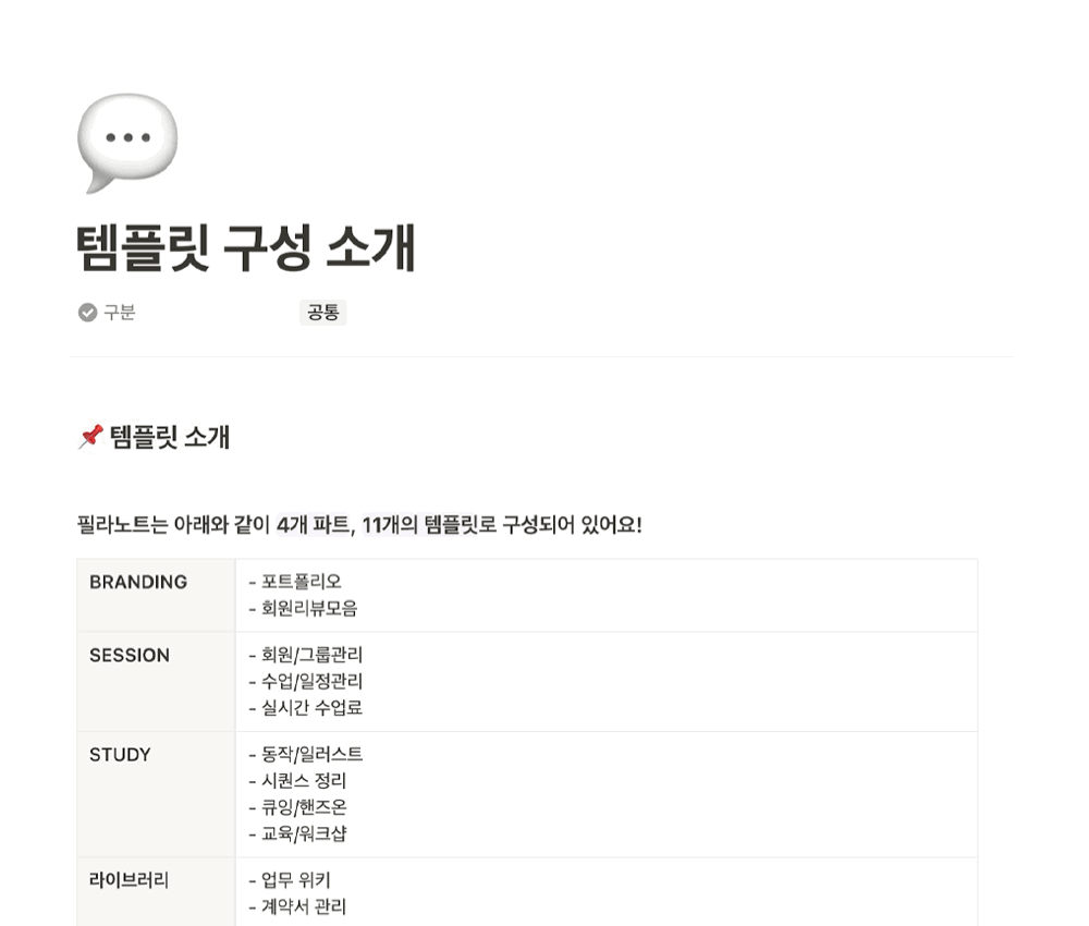 필라노트 템플릿 구성 소개 화면