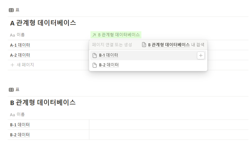 노션 관계형 데이터베이스 연동된 모습