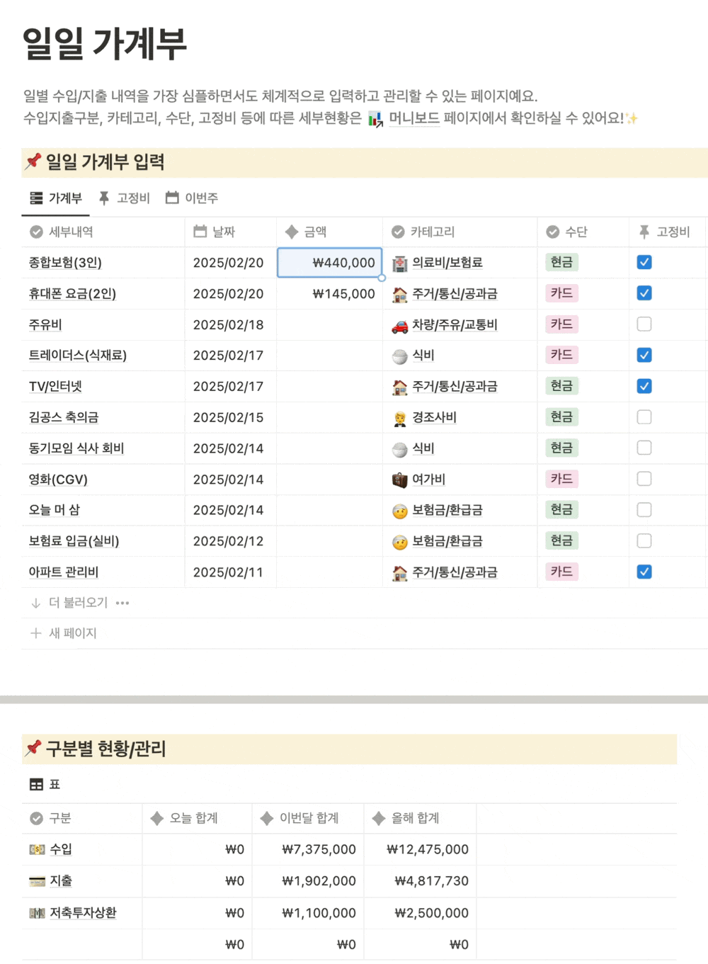 돈플래너 일일 가계부와 구분별 수입지출 합계 화면