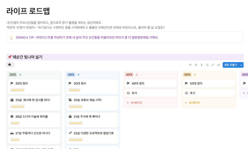라이프 로드맵 노션 템플릿 사용 화면 예시