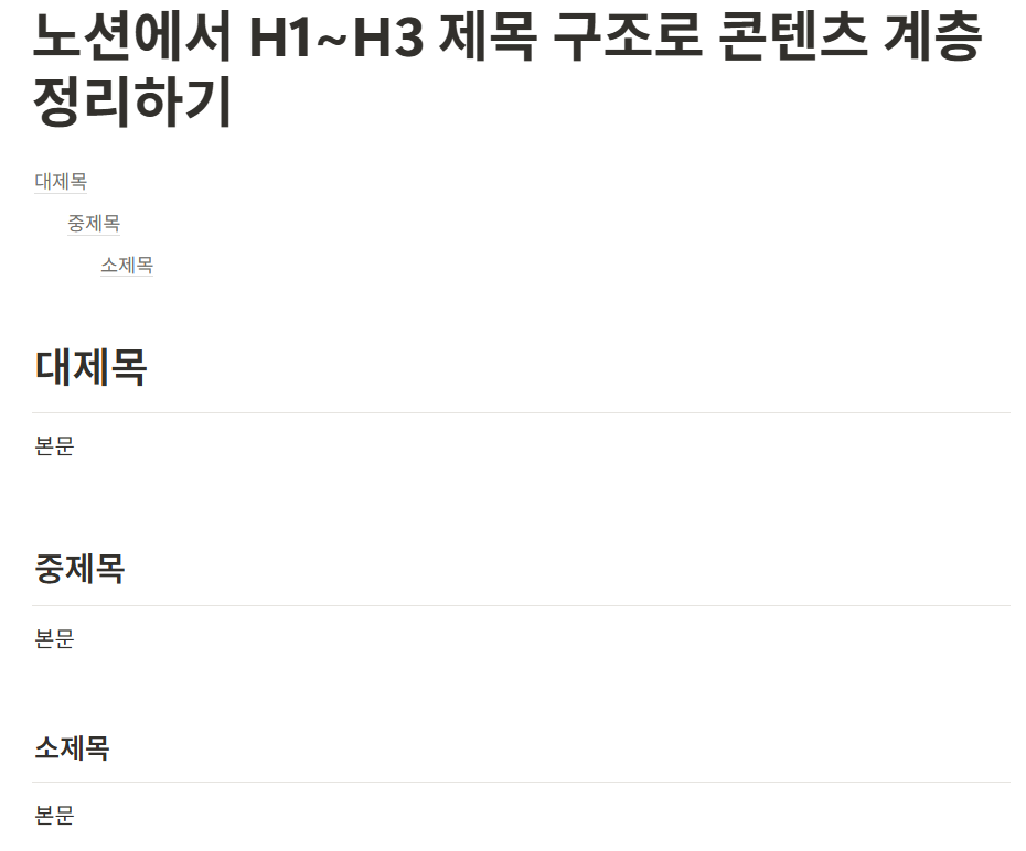 노션에서 H1~H3 제목 구조로 콘텐츠 계층 정리하기