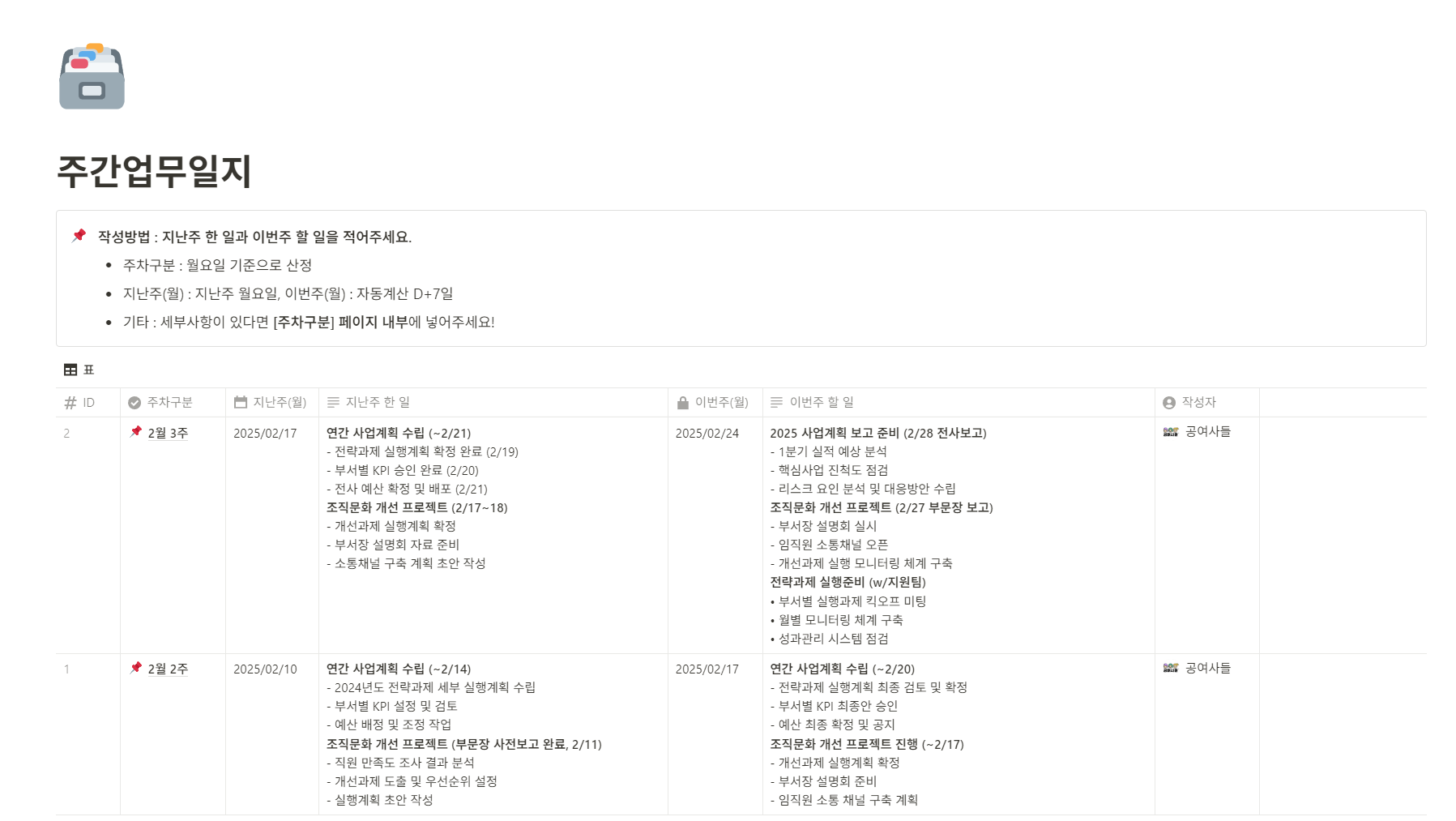노션 주간업무일지 양식 무료 노션 템플릿